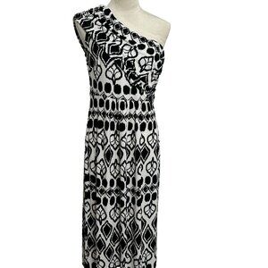 Carole Little Women's Flowy Geometric One Shoulder Maxi Dress Sz 10 Black White
